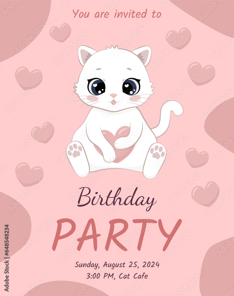 Birthday party invitation with cute kitten and hearts. Birthday party invitation with cute kitten and hearts.