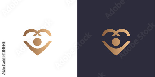Letter m logo monogram, heart, happy person, minimal style identity initial logo mark. Golden gradient vector emblem logotype for business cards initials.