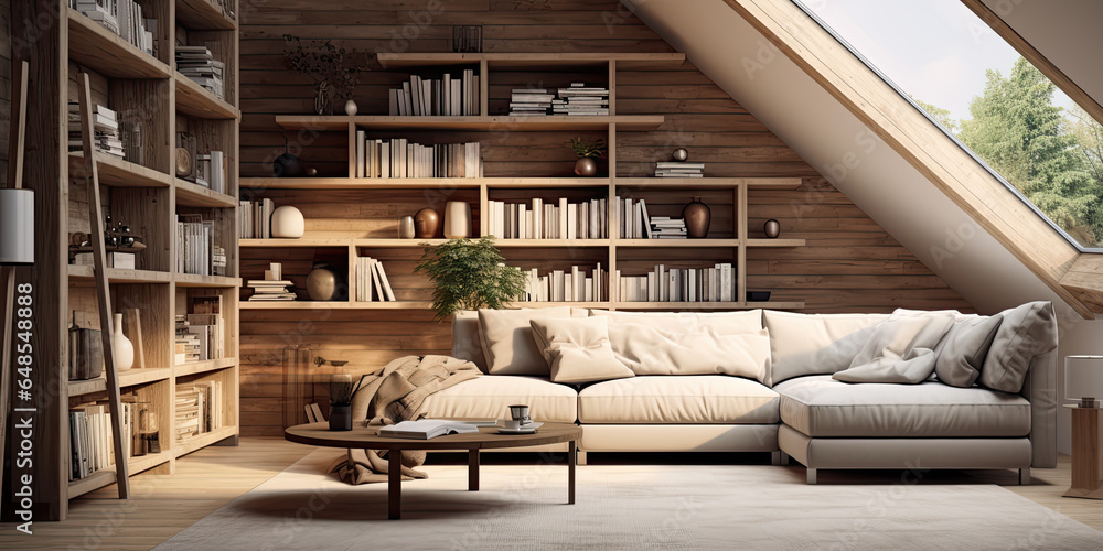 Obraz na płótnie Corner sofa against shelving unit, scandinavian home interior design of modern living room in attic in farmhouse.  w salonie