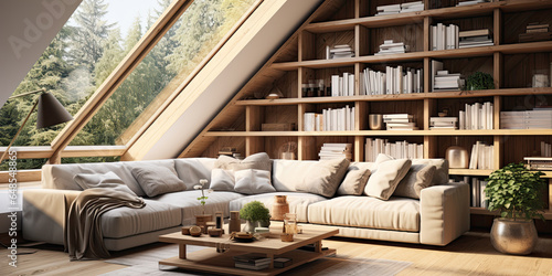 Corner sofa against shelving unit, scandinavian home interior design of modern living room in attic in farmhouse. 