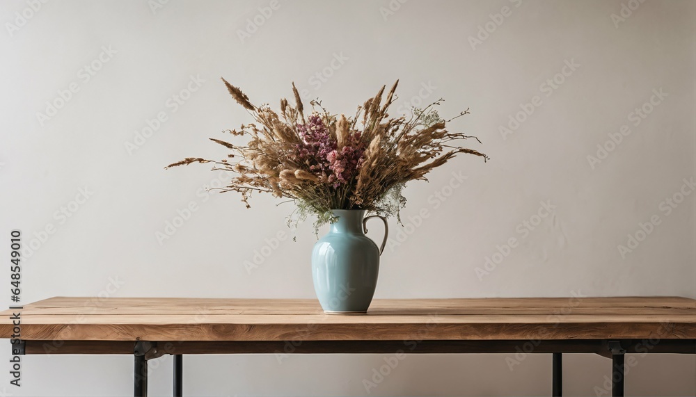 Blank wall backdrop - wooden table with vase of dried flowers, home interior design, copy space - obrazy, fototapety, plakaty 