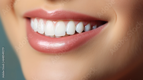 Beautiful wide smile of young fresh woman with great healthy white teeth whitening. Close up Dental image symbolizes oral care dentistry  stomatology  wellness  restoration concept. Generative AI
