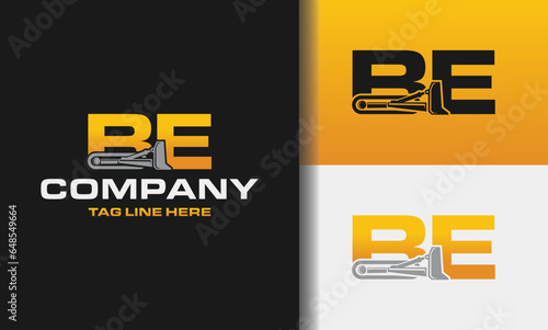 Letter BE bulldozer heavy equipment logo vector. Loader logo vector for construction company. Vehicle equipment template vector illustration for your branding.	