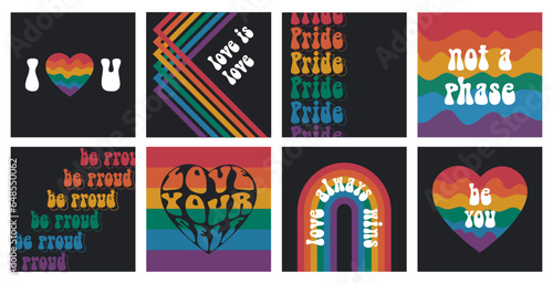 Pride month lgbtq+ instagram posters with rainbow and lgbt community tagline