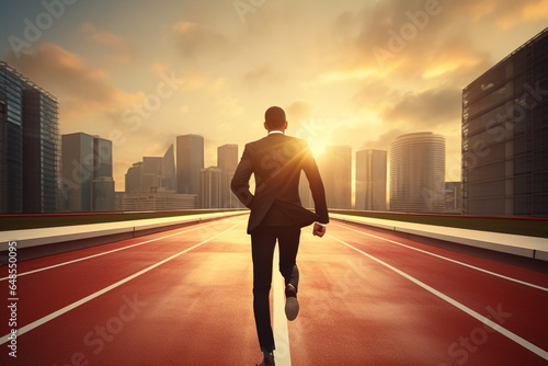 Businessman running on track with big ciy background. Running to the goal.