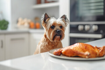 Small dog sitting in front of kitchen table with roasted turkey.
