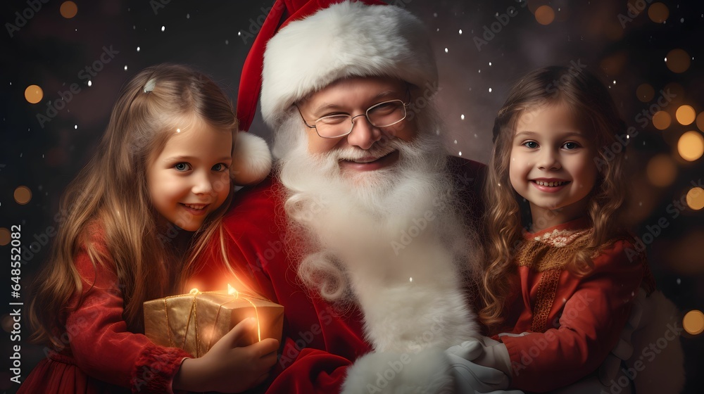 Santa Claus with children at home. Beautiful Christmas and New Year concept. Santa Claus and children are holding a gift box and smiling. Santa Claus with children at home. Beautiful Christmas and New Year concept. Santa Claus and children are holding a gift box and smiling.