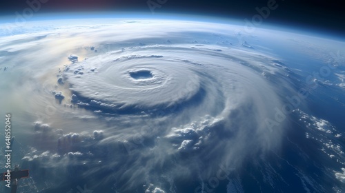 Hurricane over Atlantics. The eye of the hurricane. The atmospheric cyclone. Satellite view. Super typhoon over the ocean. View from outer space