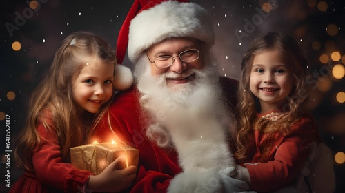 Santa Claus with children at home. Beautiful Christmas and New Year concept. Santa Claus and children are holding a gift box and smiling.