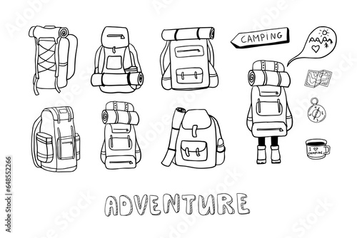 Big set of backpacks for camping and hiking in doodle style. Picnic, travel accessories and equipment. Travel and adventure design. Hand drawn vector illustration. Isolated on white background.