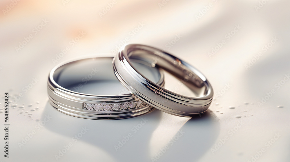 couple of silver plain style wedding rings on white and some decoration background, top view, classic couple of silver plain style wedding rings on white and some decoration background, top view, classic