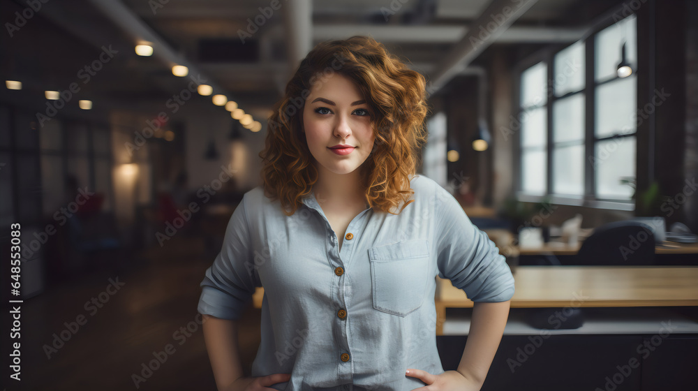 portrait of young creative woman at work wearing a blue chambray shirt and jeans smiling to camera in casual office portrait of young creative woman at work wearing a blue chambray shirt and jeans smiling to camera in casual office
