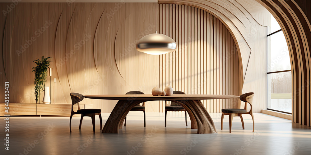 Minimalist interior design of modern dining room with abstract wood paneling arched wall. - obrazy, fototapety, plakaty 