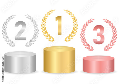 Stage Podium or Award Winners Podium with Ranking for First, Second and Third Place Illuminated with Spotlights. Pedestal Podiums for Winner Award or Sport. Vector Illustration.