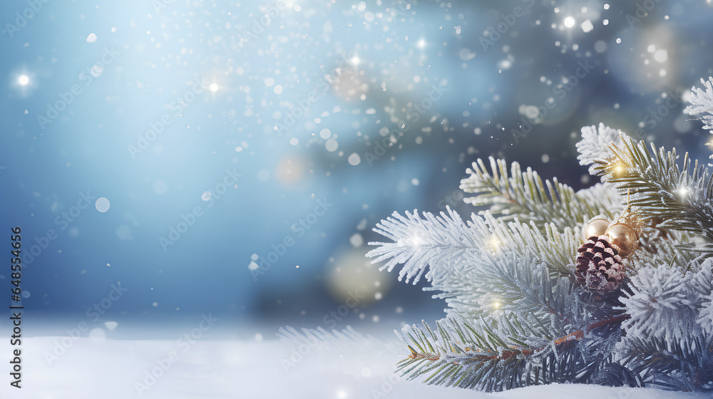 A beautiful winter background featuring frosted spruce branches, small drifts of pristine snow, bokeh Christmas lights, and ample space for text. A beautiful winter background featuring frosted spruce branches, small drifts of pristine snow, bokeh Christmas lights, and ample space for text.