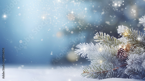 A beautiful winter background featuring frosted spruce branches, small drifts of pristine snow, bokeh Christmas lights, and ample space for text. © StockSavant