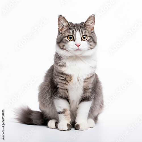 An isolated photo of a short hair cat with yellow eyes, on a white background