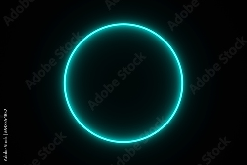 Blue tone circle neon light bulb isolated on black background for graphic design, blue moving light, design overlay element with copy space in middle. 3D illustration rendering