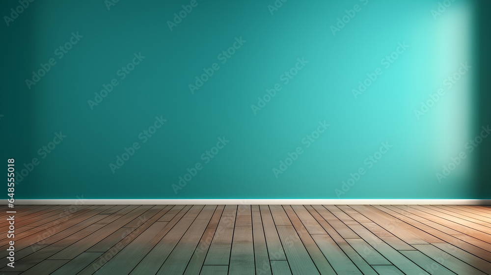 An interior background for presentations featuring a blue turquoise empty wall and wooden floor, with intriguing glare and lighting effects from the window, adding depth and interest to the scene.
