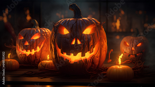 Halloween pumpkins illuminated by the soft glow of candles, casting a spooky and atmospheric light.