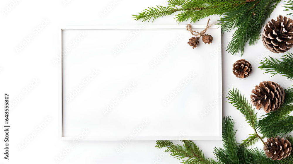 Christmas composition, frame. Christmas green gift, fir branches and cones on wooden white background, top view. Flat lay, copy space Christmas composition, frame. Christmas green gift, fir branches and cones on wooden white background, top view. Flat lay, copy space
