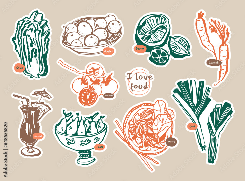 Sticker label set. Healthy food and beverages illustrations. Collection of various patches, labels, tags, stickers, stamps. Vector set, trendy promo labels.