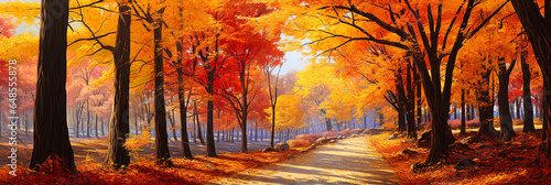 autumn avenue full of fallen coloured leaves. AI generative.