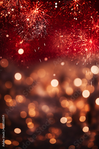 Gold and dark red Fireworks and bokeh in New Year eve and copy space. Abstract background holiday.  AI generative