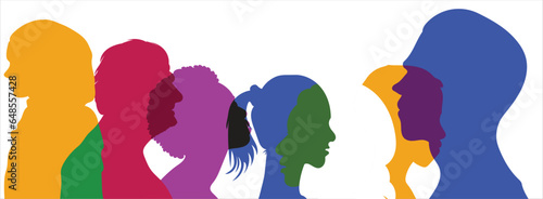 Silhouette profile group of men and women of diverse culture. Diversity multi-ethnic and multiracial people. Concept of racial equality and anti-racism. Multicultural society. Friendship