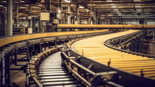 Inside factory conveyor belt production line, nobody, empty indoor product conveyor line.
