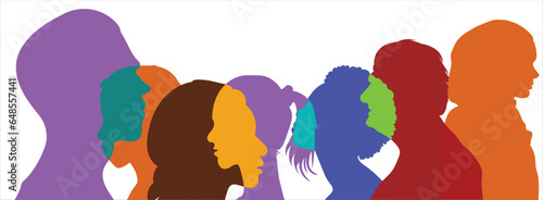 Group diversity silhouette multiethnic people from the side. Community of colleagues or collaborators. Concept of bargain agreement or pact. Collaborate. Co-workers. Harmony. Organization