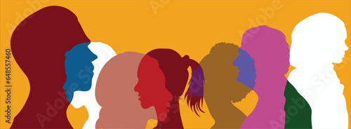 Silhouette profile group of men and women of diverse culture. Diversity multi-ethnic and multiracial people. Concept of racial equality and anti-racism. Multicultural society. Friendship