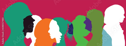 Group diversity silhouette multiethnic people from the side. Community of colleagues or collaborators. Concept of bargain agreement or pact. Collaborate. Co-workers. Harmony. Organization