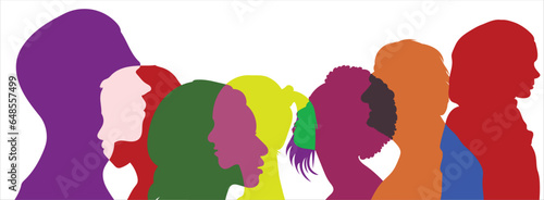 Silhouette profile group of men and women of diverse culture. Diversity multi-ethnic and multiracial people. Concept of racial equality and anti-racism. Multicultural society. Friendship
