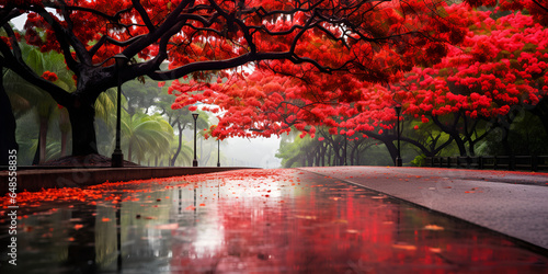 The Flame Tree Royal Poinciana Red Flowers on Floor generative AI photo