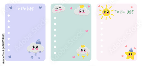 Set of to Do list, Notes, Check list decorated templates. Winter, autumn notes with kawaii clouds and sun. Printable checklist for kids. Holidays to do, check list for gifts, wish, shopping, mood