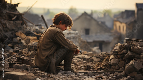 View of a small young man amidst ruins of a site photo