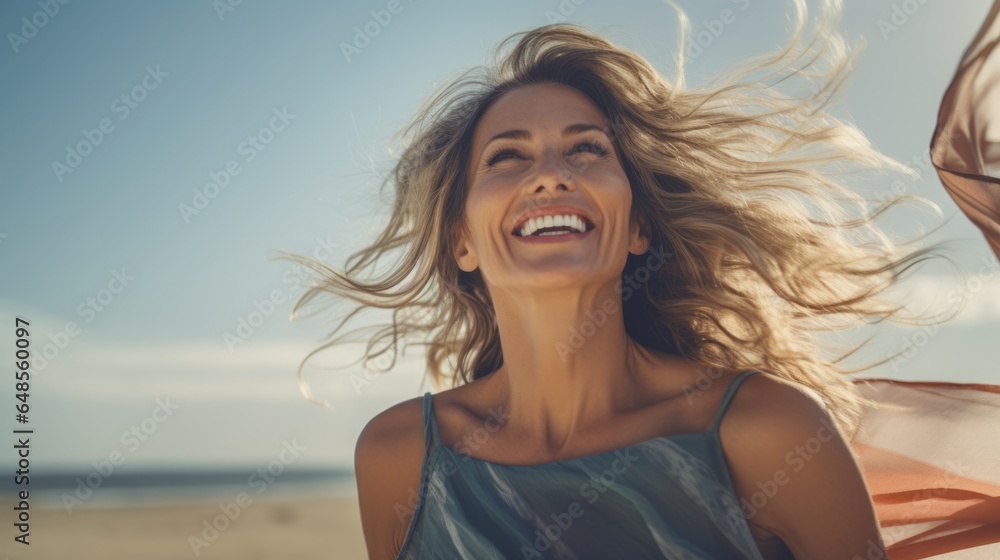 happy smiling mature woman with loose hair in the wind happy smiling mature woman with loose hair in the wind
