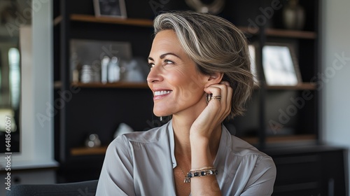 50 year old elegant woman in a minimalist interior with her hand near her ear photo