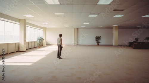 lonely man standing in an empty white office in daylight