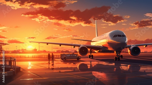 illustration of airplane in the airport terminal at sunset
