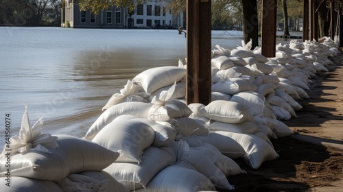 barriers made of sandbags during city flooding photo