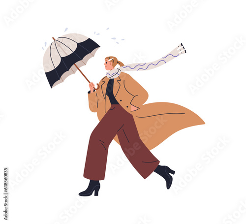 Woman walking under umbrella in autumn. Happy girl going in fall coat and scarf in windy weather, rainy day. Modern stylish person in rain. Flat vector illustration isolated on white background