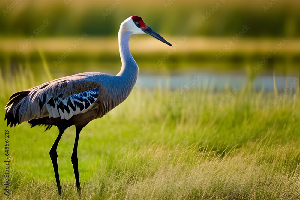Obraz premium Red-crowned crane in a meadow at sunset. Generative AI