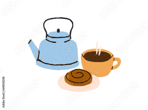 Tea cup, teakettle and sweet bun, morning food and hot drink. Fresh brewed black americano coffee, kettle, bakery, roll for breakfast, dessert. Flat vector illustration isolated on white background