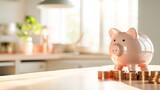 piggy bank and money coins  on the countertop against the background of a light home kitchen interior with copy space. The concept of saving a home budget, economical consumption of water and heating.