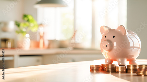 piggy bank and money coins on the countertop against the background of a light home kitchen interior with copy space. The concept of saving a home budget, economical consumption of water and heating.