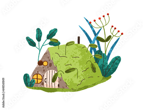 Fairytale house in fancy nature. Cute fantasy dwarf home with leaf roof, plan...