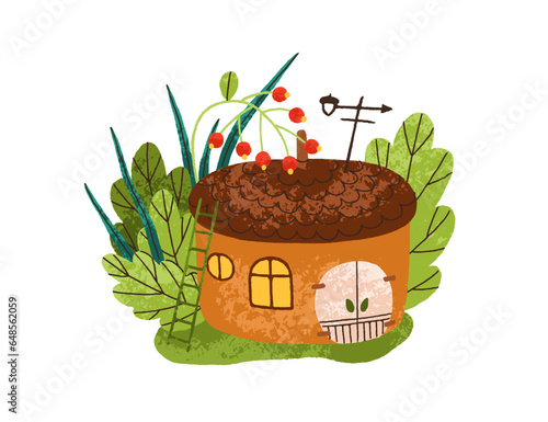 Cute fairy house in fairytale forest. Tiny little gnome home in cozy acorn in nature among plants. Fancy dreamy fantasy dwelling. Kids flat graphic vector illustration isolated on white background