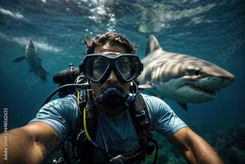 Diver Underwater with Giant Shark in the Background